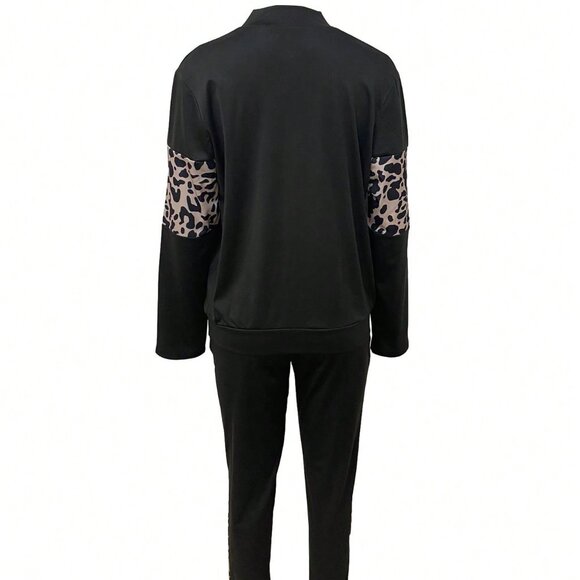 Black Casual Women's Leopard Patchwork Top and Pants Set - Picture 2 of 8